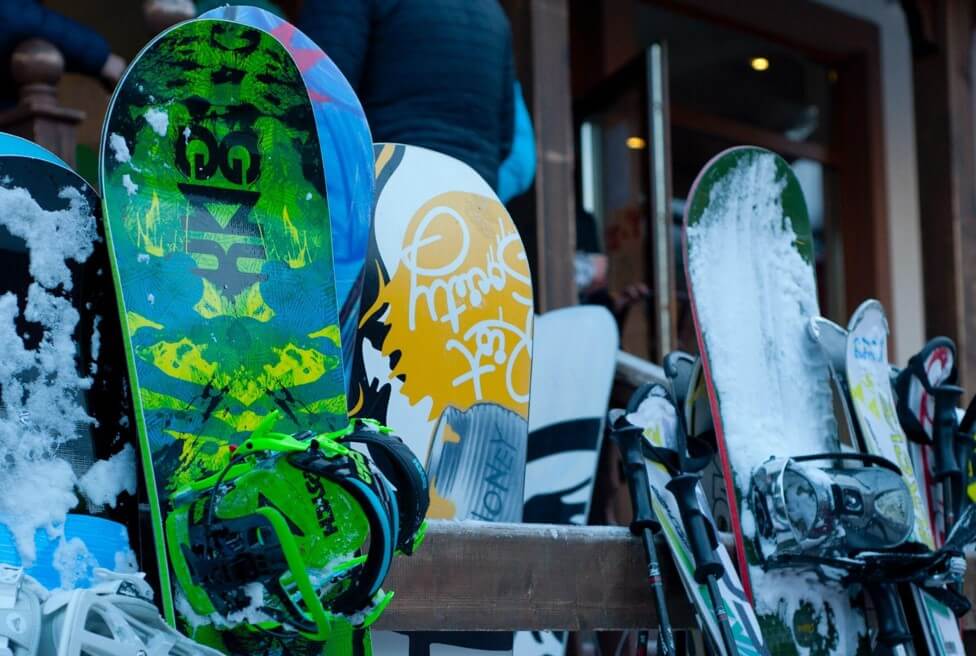 Assorted colorful snowboards